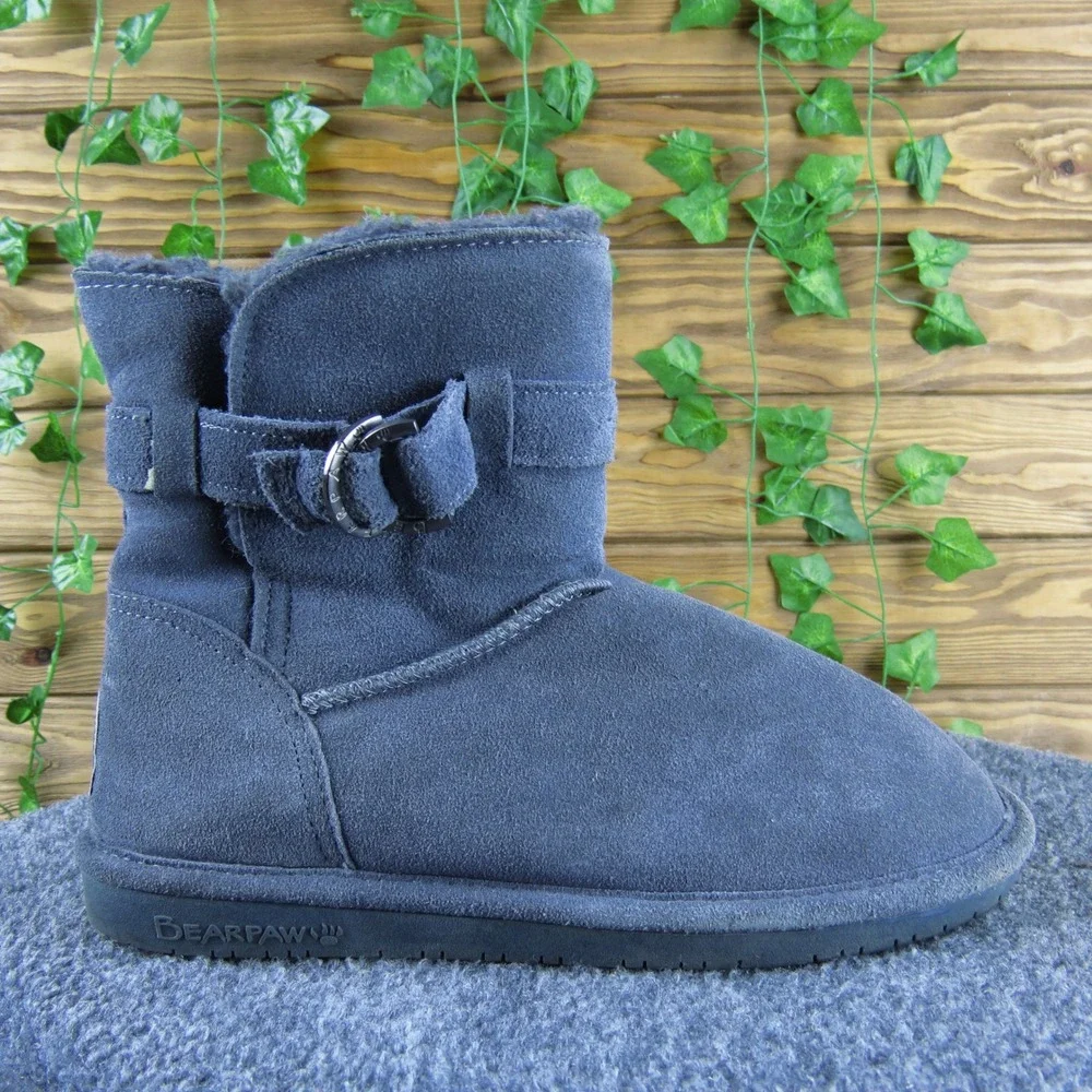 Bearpaw Tessa Womens 9 Gray Suede Shearling Lined Ankle Boots Buckle Winter Warm